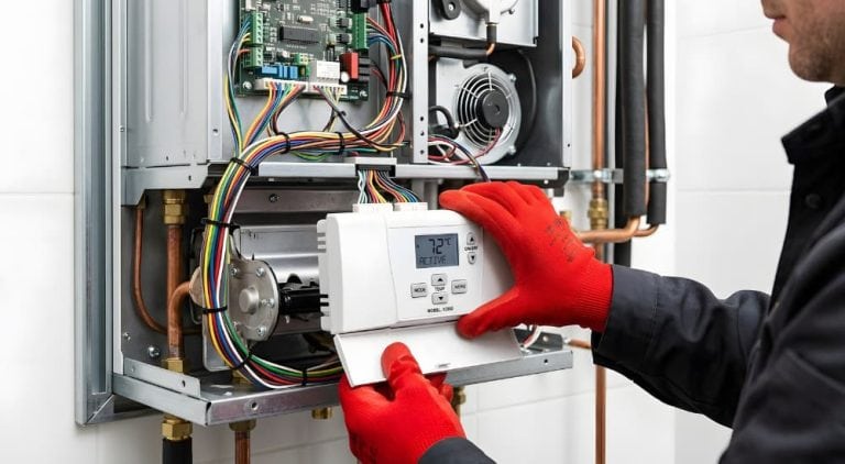 Furnace & heater repair in in Las Vegas. Image of an HVAC tech repairing heating and furnace system.
