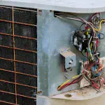 Inside look at an air conditioning unit in need of repair.