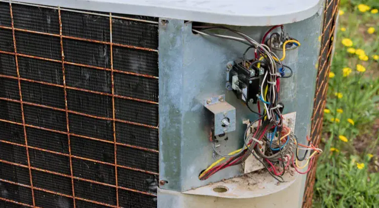 Inside look at an air conditioning unit in need of repair.